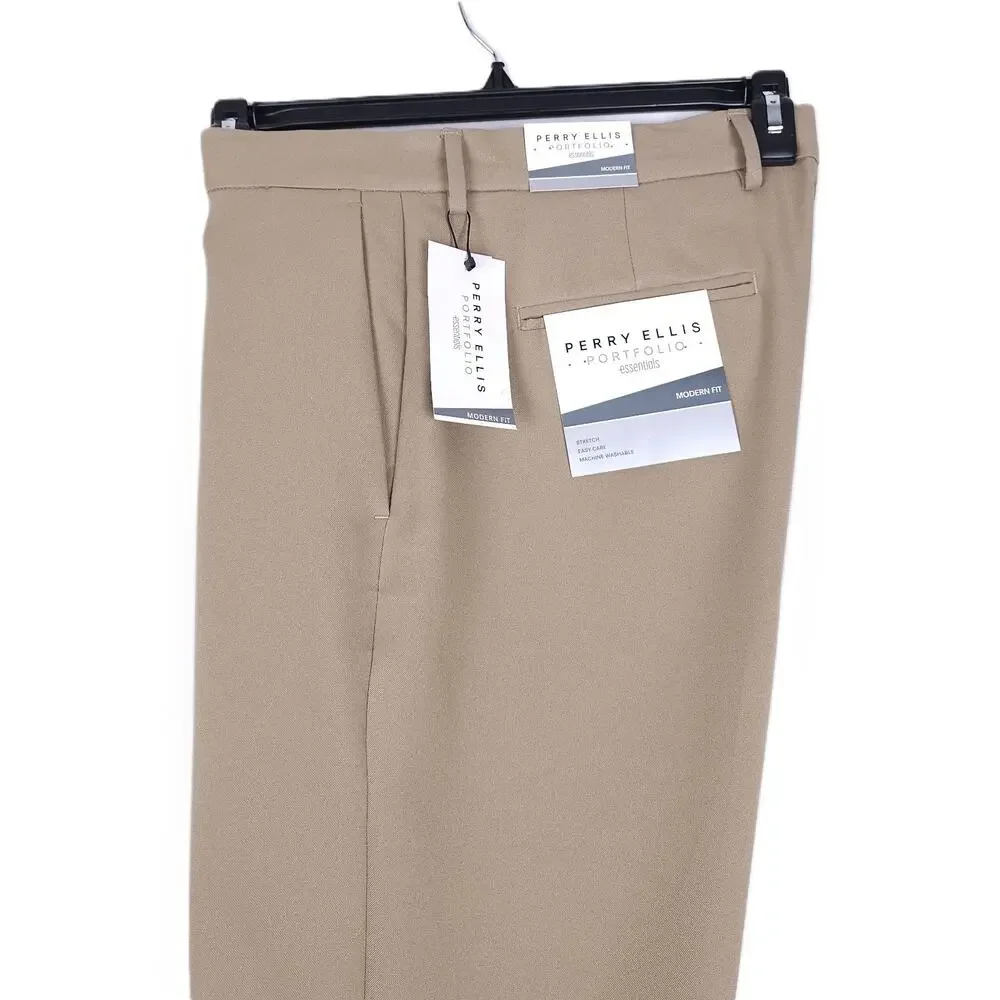 Perry Ellis Mens Modern Fit Dress Pants 30x30 Beige Elmwood Solid Stretch Twill